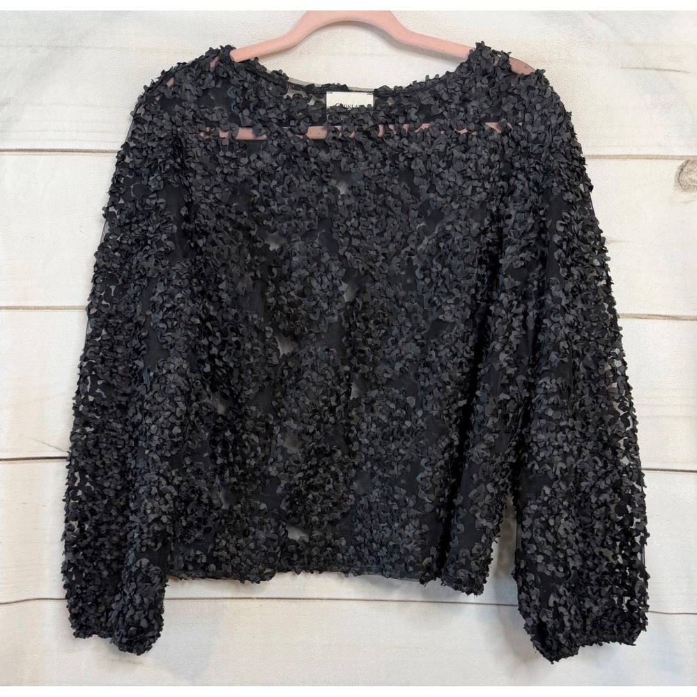 Choklate Paris Black 3D Floral Applique Sheer Mesh Top Long Sleeve M/L